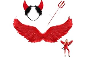 LRXYFYW 60cm Halloween Flügel Rot, Engelsflügel Rot mit Teufel Horn Rot,rot Engel Kostüm Damen,Engelsflügel Rot,Rot Engel Kostüm Mädchen,Teufels Flügel Helloween,Engel und Teufel Flügel Kostüm Damen