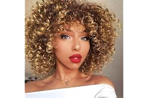 PORSMEER peruka blond mieszana krótka afro bresilienne kręcone z grzywką dla czarnych kobiet krótkie kręcone włosy syntetyczna peruka żaroodporne peruki