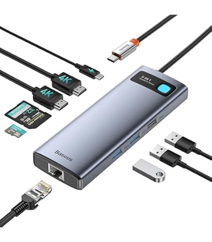 Baseus USB C Docking Station 3 monitoren, 13-in-1 USB C-hub met 2 HDMI 4K @ 60Hz, DisplayPort 4K @120Hz, VGA, USB 3.1 10 Gbps gegevensoverdracht, PD 100W en Ethernet voor Dell/HP/Lenovo/Surface Laptop