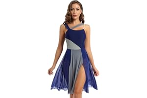 Aiihoo Women's Sleeveless Shoulder Straps Color Block Mesh Leotard Dress Lyrical Modern Contemporary Dancewear