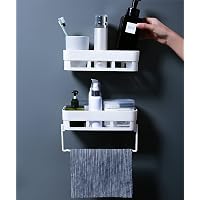 wolpin Plastic Rectangular Multipurpose Wall Shelves with Towel Hanger Shelf Self-Adhesive Sticker Hooks Wall Holder…