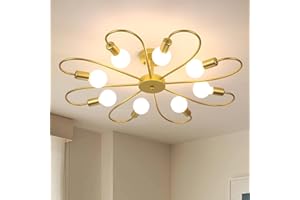 ‎QCYUUI Qcyuui Moderne 8-flammige Deckenleuchte Industrial Sputnik Design, E27 Halbbündige goldene Kronleuchter-Beleuchtung für Wohnzimmer Bauernhaus Küche, ohne Glühbirne