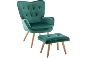 HollyHOME Ohrensessel mit Hocker Sessel mit Hocker Sessel Wohnzimmer & Schlafzimmer Samt Relaxsessel Lesesessel Lounge Sessels Armlehnensessel, Grün