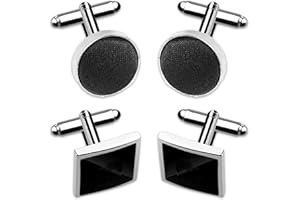 Cozevdnt 2Pairs Men's Cufflinks, Round Plain Satin, Square Silver Metal Cufflinks, Fathers Day Wedding Business Necktie for Formal Striped Shirt Suit Cuff Links