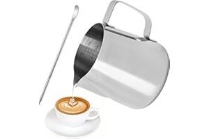 FIOUSY Melkkannetje van roestvrij staal, vrijstaande koffie, melkkannetje, kan, beker met maat Mark en Latte Art Pen, Milk pitcher karaffen voor(350ml)