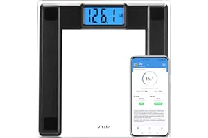 Vitafit 250kg Bascula de Baño Digital, Balanza Bluetooth Inteligente con App, Bascula Electrónica Monitores con de Peso y IMC, Vidrio Templado de 8 mm con Plataforma Extra Ancha, Negro