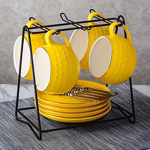 SSBY Cute colorful ceramic coffee mug set, cappuccino cups and saucers 4 cups 4 saucers 4 spoons, with shelves , Yellow