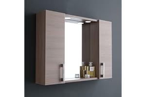 Kiamami Valentina - Specchio contenitore con pensili laterali, mensola e faretti led 77cm rovere fumo