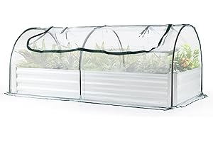 GiantexUK Raised Garden Bed with Greenhouse, 2 in 1 Galvanized Metal Rectangular Planter Box with Cover & Roll-up Windows, Bottomless Flower Herb Vegetable Grow Box (Clear PVC Cover, 202x101x81cm)