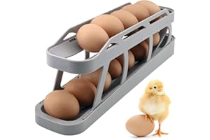 UTOSDAY Egg Holder for Refrigerator, 2 Tier Rolling Eggs Storage Fridge, Non-Slip Base Fridge Organiser Eggs (Grey)