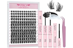 ‎PRO LASHBEAUTY Cluster Wimpern-Set, 144-teilig, D-Curl-Wimpernverlängerungs-Set mit Bond und Seal, Wimpernentferner, einfach zu Hause anzuwenden
