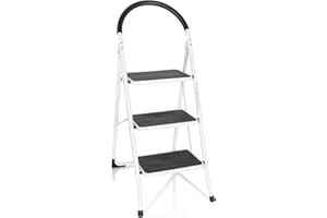 hjh OFFICE 801201 Escalera 3 Peldaños Plegable Solid W2 Acero Blanco, hasta 150 kg, Antideslizante, Ligera y Resistente, Uso doméstico