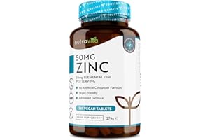Zinc Tablets 50mg – 365 Vegan Tablets for 6 Months Supply – Zinc Supplement High Strength for Maintenance of Normal Immune System, Bones, Hair, Skin & Nails – Made in The UK by Nutravita