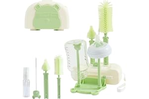 FUSACONY Baby Bottle Brush Set 7 in 1, Travel Portable Silicone Bottle Brush, Teat Brush, Straw Brush, Bottle Drying Rack, Soap Dispenser and Storage Case (Green Bear)