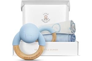Little Giggles Co.® Baby Gift in Blue - Boys Teething Toys & Large Muslin Cloths Set. Sensory Play Rattle, Soothing Teether Ring, Soft Cotton Muslins. Essentials for Newborn Boy & Baby Shower Gifts