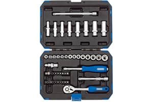 Draper 1/4" 47 Piece Square Drive Metric Socket Set | Micrometre Reversible Hand Tool |Soft Grip Ratchet | 21 Metrics Sockets Mechanics Car Tools | Professional Plastic Storage Case | 16355