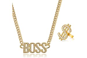 YPLonon Hip Hop BOSS Logo Halskette Goldene Dollar Logo Ring 2 Stück Hip Hop Kostüm Accessories Zuhälter Kostüm Set für 70er 80er 90er Faschingszubehör Mottopartys Cosplay