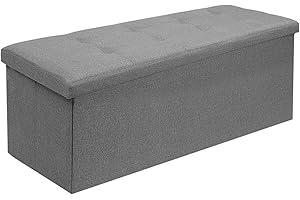 OUNUO Folding Storage Ottoman Box, Fine Linen Fabric Padded Foldable Bench, Chest with Lid, 120L Footstool Seat Toy Box Storage for Bedroom, Hallway, Living Room, Light Grey, 110x 38 x 38 cm