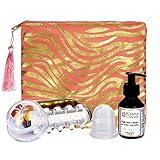 -El tratamiento anticelulítico completo con dos ventosas anticelulíticas L y XL, el nuevo rodillo de masaje y un aceite anticelulítico, todo en una bonita bolsa Zebra Gold.