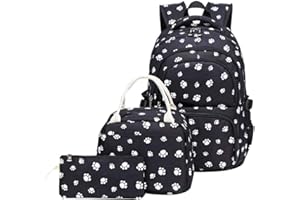SellerFun School Backpack Sets 3pcs Dog Paw Prints Daypack for Teens Girls Primary School Students(Black,20L)