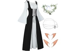 FOVER Gothic Kleidung Damen Mittelalter Renaissance Kleid Trompetenärmel Vintage Kleider Karneval Kostüm Piraten Cosplay Outfit mit Kopf Kette Blumenkranz Elfenohren Overknee Socken
