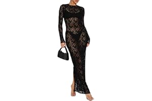 Loalirando Abito Lungo Donna Vestito Trasparente Donna Abito Elegante Manica Lunga Abito in Pizzo Floreale Donna Vintage Abito da Festa Bodycon da Sera Vestito da Cerimonia