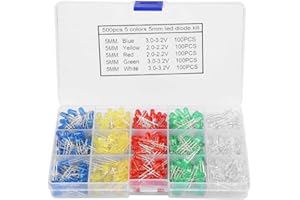 TTAMG 【𝐏𝐚𝐬𝐜𝐮𝐚】 500pcs 5mm Luz LED Rojo Amarillo Azul Verde Blanco Surtido Kit de diodos 5mm Led Diodo emisor de luz