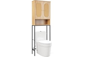 COSTWAY Over Toilet Storage Unit, Freestanding Bathroom Space Saver with Rattan Doors, 5 Compartments and Open Shelf, Metal Frame Wooden Over The Toilet Cabinet Rack Laundry Organizer, 60x24x175cm