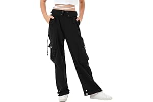Rolanko Pantalon Cargo pour Filles, Taille Haute Elastique avec Poches Multiples, Pantalon Cargo à Jambes Larges pour Enfants