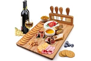 Hossejoy Bamboo Cheese Board Set Charcuterie Platter Serving Meat Board Including 4 Stainless Steel Knife and Serving Utensils for Christmas Wedding Birthday Anniversary