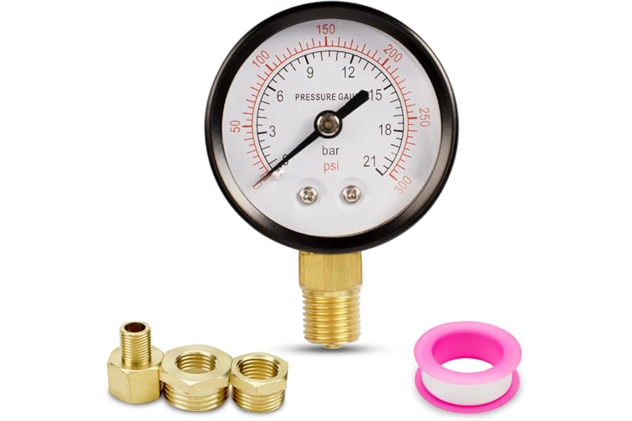 Innfeeltech 1 Pcs 50mm Well Pump Pressure Gauge BSP 1/4" 0-21 Bar 0~300 Psi with 2 Pieces Bushing 1/4" to 3/8", 1/4" to 1/2" and 1 Piece Hex Nipple Reducing 1/4" to 1/8", One Teflon Tape, Radial