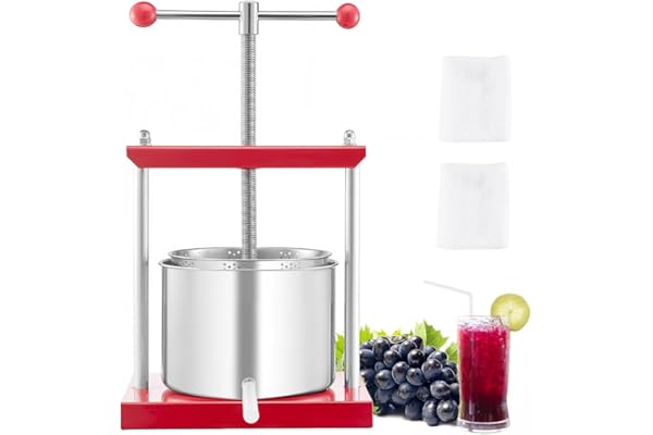 VEVOR Pressoir à Fruits Manuel Capacité 6 L, Presse à Vin avec 2 Barils en Acier Inoxydable, avec Poignée en T, Nettoyage Facile, Presse à Jus, Raisin, Cidre de Pomme pour la Cuisine et la Maison