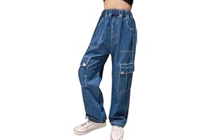 Rolanko Jeans Large Fille Bootcut Déchiré Troué Élastique Waille Denim Pantalon pour Enfants