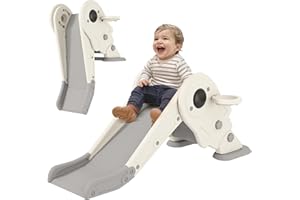 AIYAPLAY 3 en 1 Toboggan pour Enfants avec Panier de Basket et Escalade, Toboggan intérieur pour Enfants Pliable, de 2 à 5 Ans, 132 x 48 x 57 cm, crème