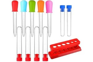 EMAGEREN 12 Stück Pipette Set Messpipette Lebensmittelqualität Silikon Plastik Pipetten Reagenzgläsern mit Stopfen, 5ml Ttopfer und Reagenzglashalter für Kinder Süßigkeiten, Experimente