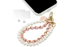 OFFCUP Dragonne de Téléphone, Perle Chaîne Téléphone Portable Charme De Téléphone, Anti-Perte Longe de Téléphone avec Chaîne en Cuir Métallique et Fleur, Bracelet Telephone avec 2 Patchs Arrière