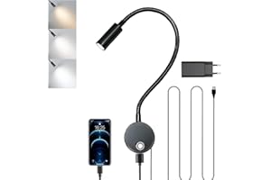 ‎YNDD Wandleselampe Dimmbar, Wand Leseleuchte mit Schalter und USB Ladeanschluss Wandmontage Bettlampe Flexible Schwanenhals Lampe Schlafzimmer Bett Leselicht LED Wandleuchte mit Ladegerät Stecker, Schwarz