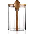 MOLADRI 420ML/15Oz Clear Glass Storage Canister with Wooden Spoon, Airtight Lid Sealed Small Glass Container Jar with Scoop for Bath Salt Holder, Sugar, Spice, Coffee, Matcha Tea, Condiment, Pepper