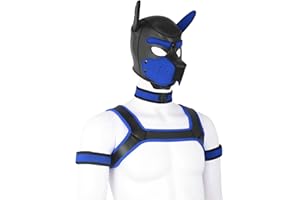 YiQin RWSX Weiche Latex-Hundemaske mit Ohren, Welpenmaske für Cosplay-Party-Maskerade Set (Maske, Halsband, Armbinde, Riemen) (Color : Blue, Size : X-Large)