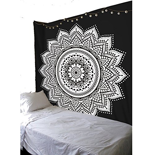 caxmtu Wandbehang Tapisserie Mandala Wandteppiche Traditionelle Baumwolle gedruckt Bohemian Hippie groß Art Wand schwarz weiß - 3