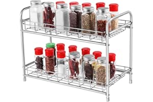 BESTonZON Estante de especias de 2 niveles con diseño extensible. Organizador de cocina para tarros de especias, especias de hierbas, ahorro de espacio para cocina, baño, armarios