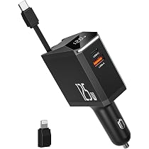 Chargeur Allume-Cigare Rolgno 72W - 4 Ports USB-C/QC3.0 + Câbles Rétractables - Pour Voiture, IPhone, Galaxy