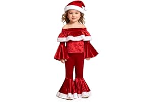 TAGVO Costume Babbo Natale Bambina, 3 Pezzi Velluto Top + Pantaloni + Cappello da Elfo Set, Vestito Natalizio Elfa di Babbo Natale Bambini 90-130CM