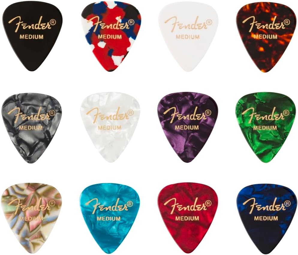 Fender 351 Celluloid Guitar Picks Medium, Assorted, 12 Pack | Classic 351 shape, made in USA, assorted colours, celluloid feel, beginners and pros, acoustic and electric guitar