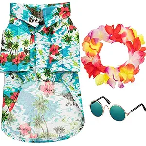 Geyoga 3 Pieces Pet Dog Hawaiian Costume, Includes Puppy Dog's Cool T-Shirts Summer Clothes, Funny Cute Dog Retro Fashion Sunglasses and a Colorful Wreath for Small to Medium Dog