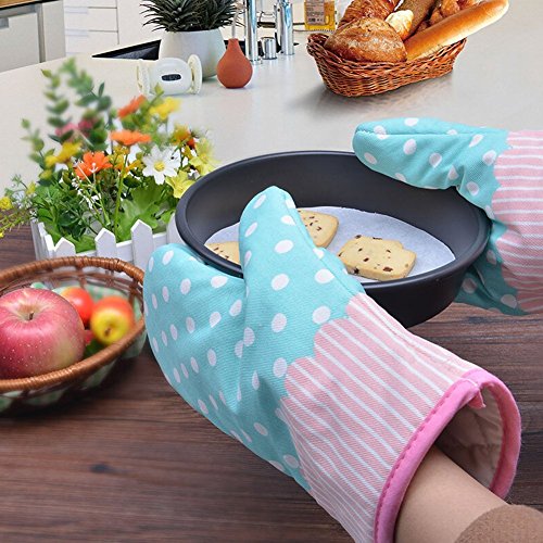 1 Paar Hitzebeständig Ofenhandschuhe Verdickte Hitzeresistente Topflappen Backhandschuhe aus Baumwolle und Polyester (3#) – Gepunktet Türkis - 3