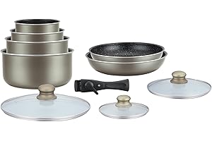 Herzberg Batterie de cuisine - lot de casserole induction - set casserole et poele tous feux - set de cuisine en revêtement pierre avec manche amovible 10 pieces HG-5000 Carbon