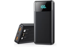 QODJN Power Bank 26800mAh, Powerbank con Cavi Integrati 25W PD Ricarica Rapida Caricatore USB C Portatile con 5 Uscite & 2 Ingressi Batteria Esterna con LCD Display per iPhone 16/15, Samsung ect (Nero)