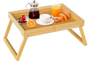 RRX Betttablett Tisch mit klappbaren Beinen, Bambus Frühstück im Bett Essen, Servieren oder Verwendung als Serviertablett, Laptop-Schreibtisch, Snack-Tablett (Beige)