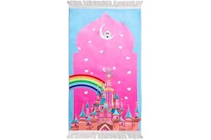 Windplusya Gebetsteppich für Kinder, 19.7x35.4 in Muslimischer Cartoon-Quasten-Gebetsteppich, Weicher Dicker Muslimischer Gebetsteppich Eid-Geschenk für Jungen/Mädchen. (Pink Rainbow)